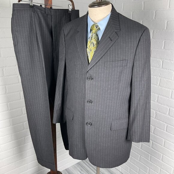 Kenneth Cole Suit Men 44R 35Wx28L Gray Chalkstripe Classic Career Wool‎ VTG USA